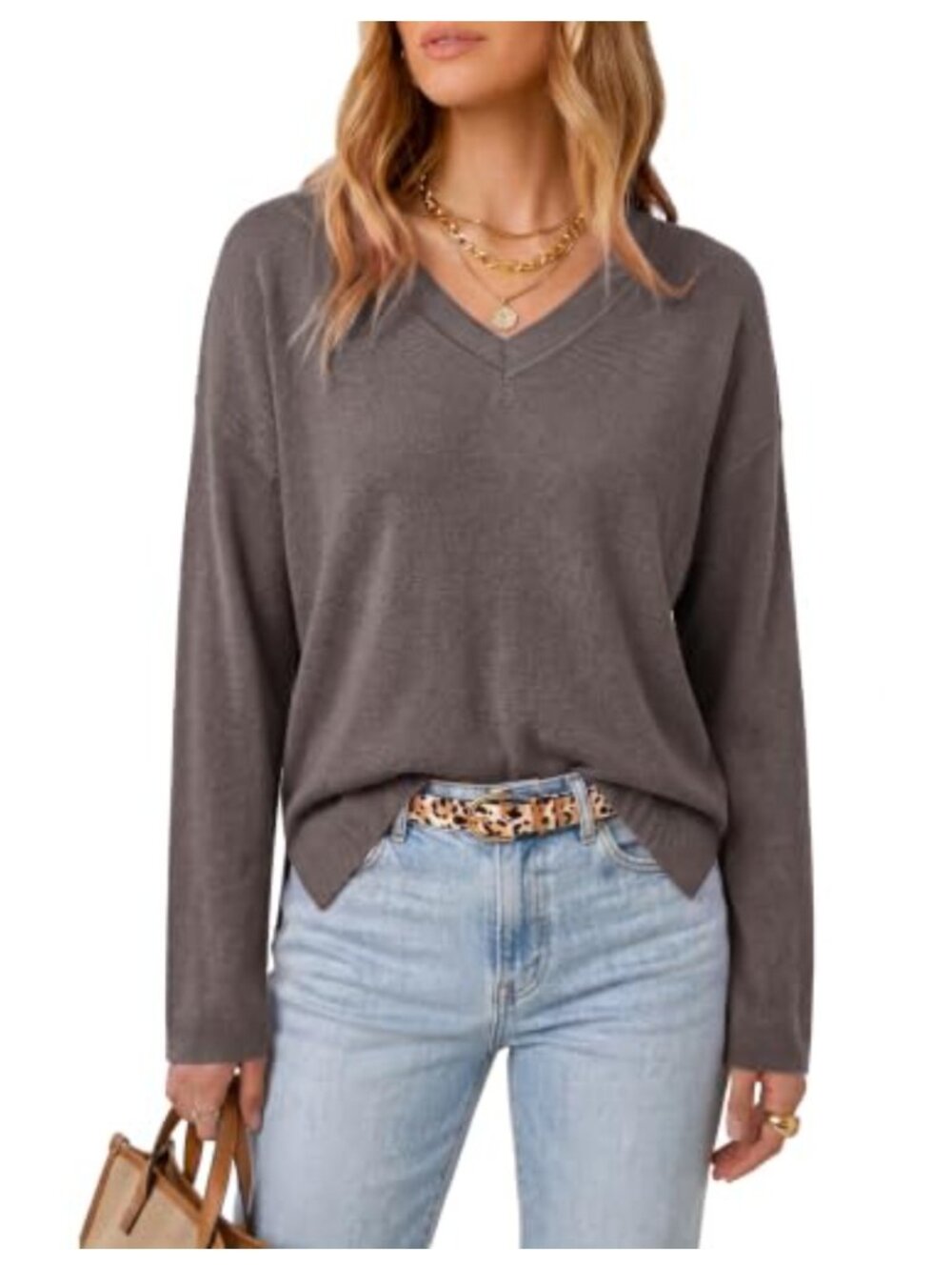 Wool Blend Oversized V-Neck Pullover Sweater Split Hem